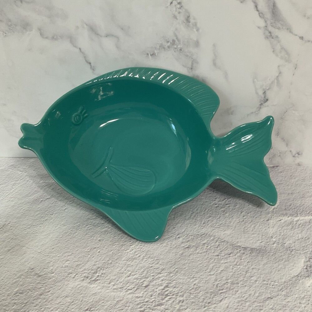 Stoneware Fish Shaped Bowl. Teal Colored Beach House/summer Theme